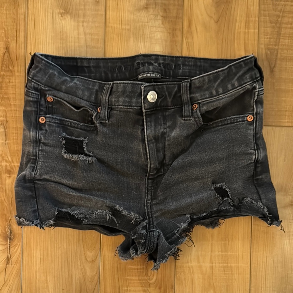 American Eagle Distressed Black Denim Shorts size 8